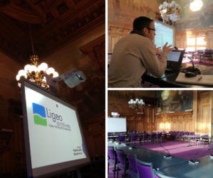 Montage de 3 photos : écran de projection avec le logo Ligeo archives, Ludovic en rain de parler, la salle du Ministère