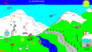 dessin numérique d'un paysage de montagne avec divers éléments de contexte (piste de ski, tracteur, deltaplane, etc.)