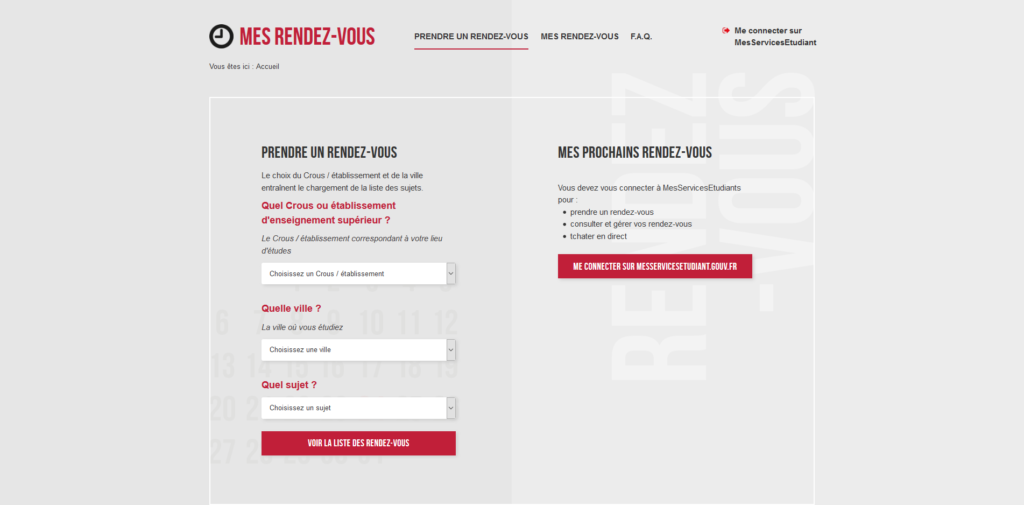 Capture d'écran du site mesrdv.etudiant.gouv.fr