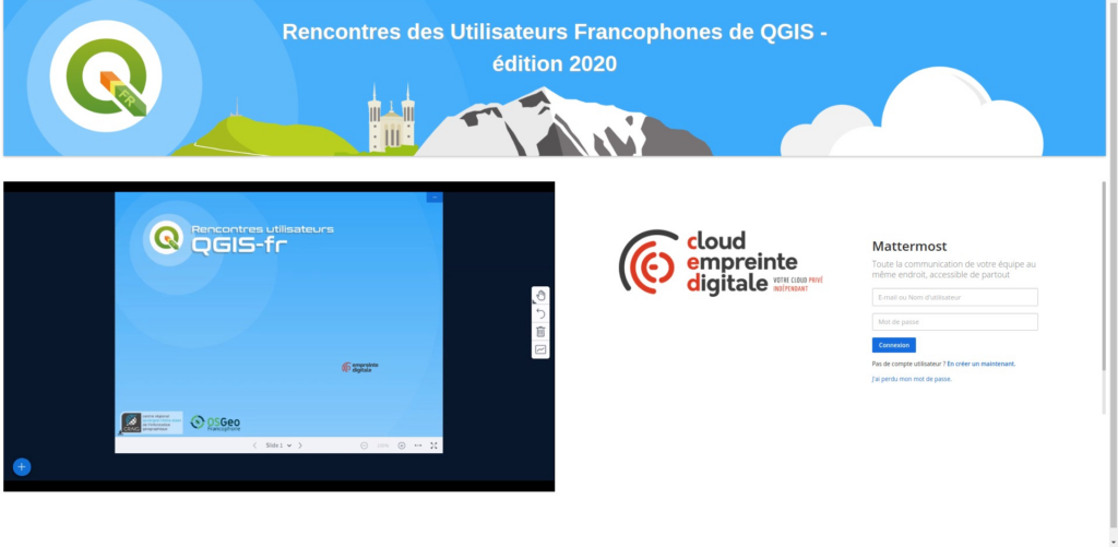 Capture d'écran de l'interface des rencontres utilisateurs de QGIS. Sur la gauche, la partie visioconférence et à droite, la partie dédiée à la conversation instantanée. 