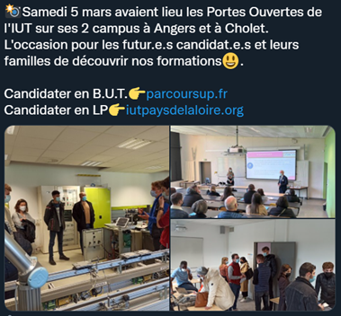 Tweet de l’IUT Angers-Cholet utilisant le point médian comme méthode d'écriture inclusive.