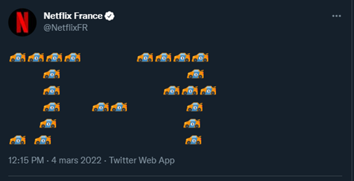 Tweet du compte Netflix France reproduisant graphiquement le texte “J moins sept” avec des emojis de voitures de courses.