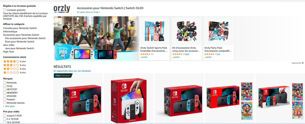 Capture du site Amazon sur la page de résultat de recherche pour une Nintendo Switch. 