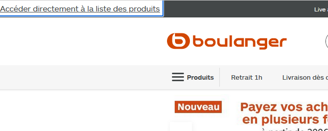Capture d'écran du site Boulanger sur le moteur de recherche du site. 